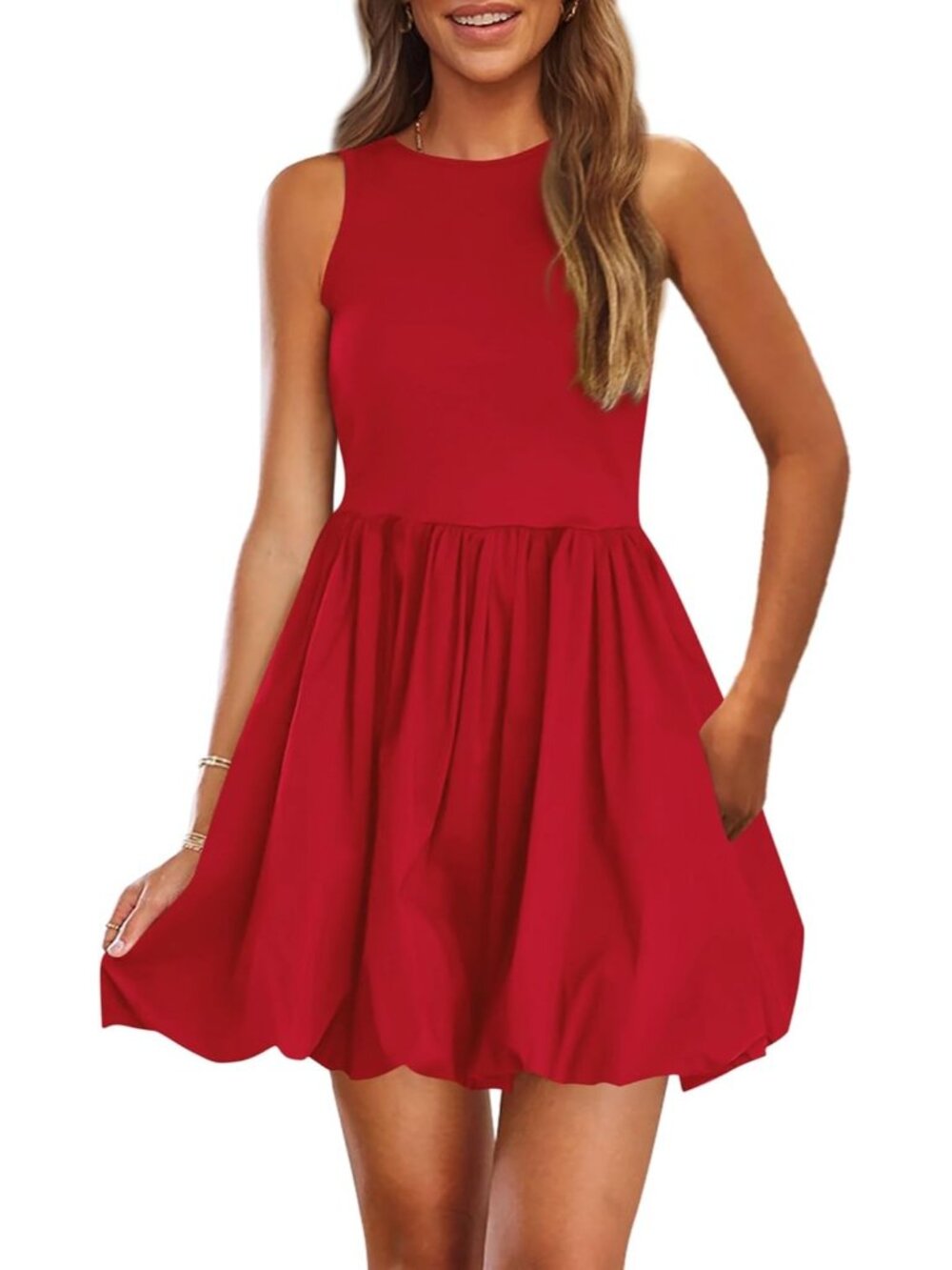 Women's Red Casual Sleeveless Tank Mini Short Dress Crew Neck Bubble Sundress